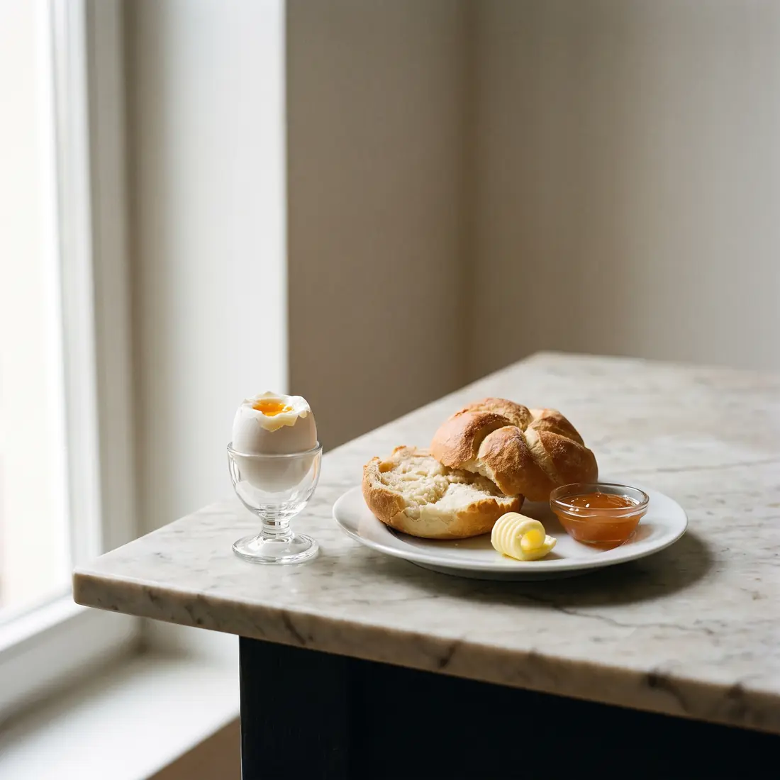 Ei im Glas mit Semmel, Butter und Marille