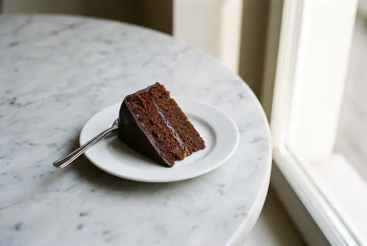 Ein Stück Sachertorte mit glatter Schnittfläche